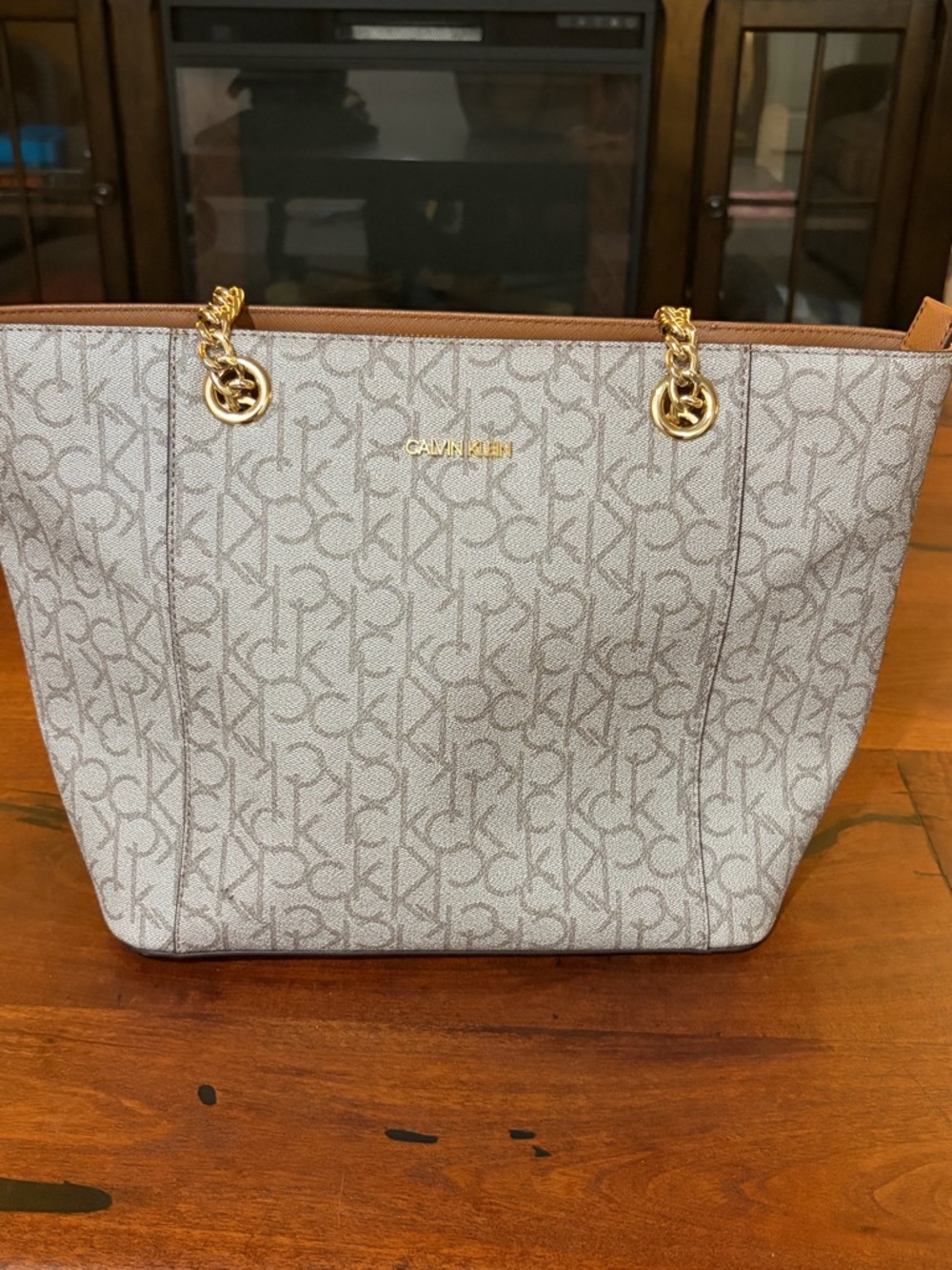 Calvin Klein Cream Beige Monogram Tote with Gold Chain Handles